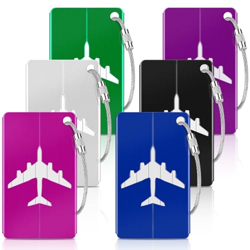 Caianwin 6 Pcs Luggage Tags Aluminium Alloy Suitcase Tags Suitcase Labels with Steel Loop and Waterproof Name ID Card Bag Tags Travel Accessories for Checked Luggage