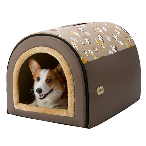 Jiupety Mittelgroße Hundehütte Indoor, 2-in-1 Hundehaus für Drinnen, XL Größe Hundehöhle für mittelgroße Hunde, Warme Höhle Schlafnest, Braun