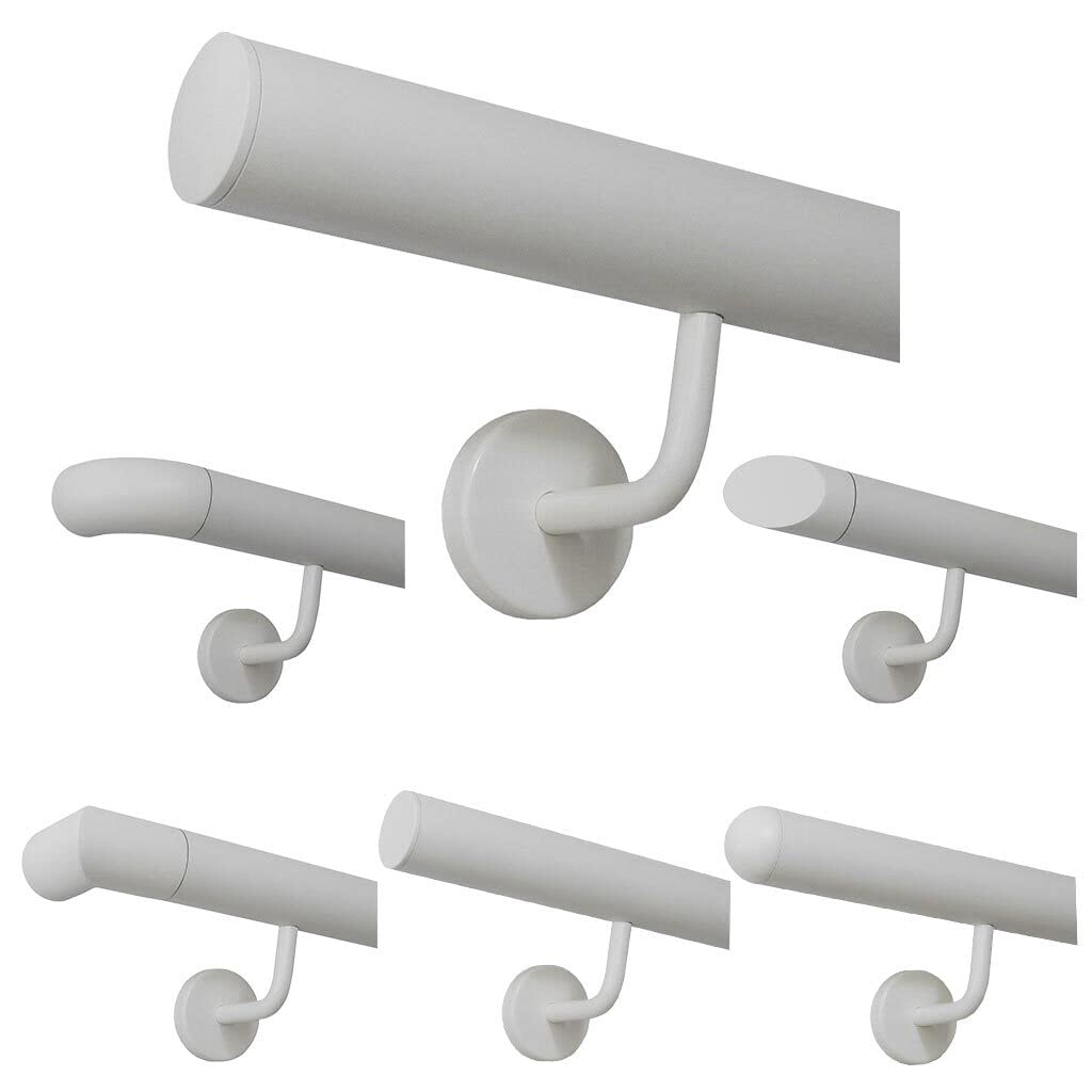 Pasamano Blanco Revestido Acero Inox. Interior Exterior Resistente a la Intemperie Barandilla/Longitud - Ligeramente Curvada Tapa, 150 cm mit 2 Halter