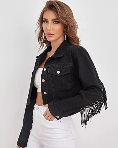 Women's Fringe Jean Jacket Tassel Distressed Ripped Crop Denim Jackets3