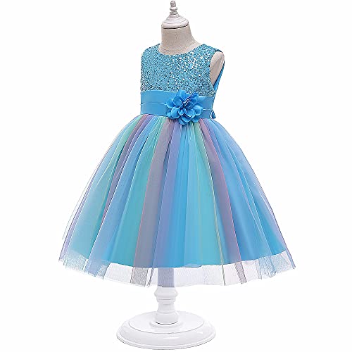 Flower Girls Sequin Party Dress Rainbow Mesh Tulle Princess Lace Ball Gown (Blue, 120) 4-5T #TOP2