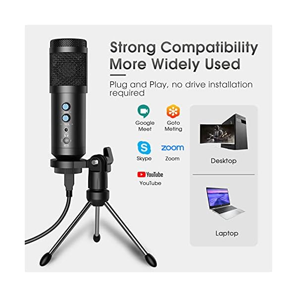USB Mikrofon, Kondensator Mikrofone mit Ständer und Kopfhörer Überwachungsfunktion, Plug and Play Aufnahme Microphone PC… – Bild 4