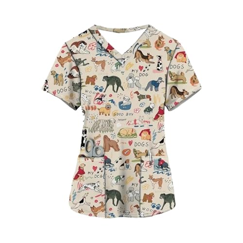 GSCLZ Uniforme quirúrgico de Manga Corta con Cuello en V for Mujer, Uniforme de Enfermera con Estampado Animal Bonito, Informal, con Bolsillo Tipo Parche(Color9,5XL)