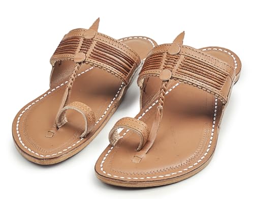 Image of KORAKARI Mens Kolhapuri Chappal, Handcrafted Sandal, Smooth and Comfortable Flip Flops Slipper Anti Slip Design Genuine Leather Traditional Footwear.