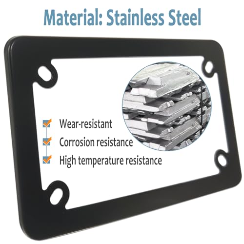 Image of BGGTMO Motorcycle License Plate Frame,Matte Black Stainless Steel Tag Holder for Bike Moto Moped Motorbike Scooter, Cool Metal Bracket with Screws Nuts Caps, 1 Pack