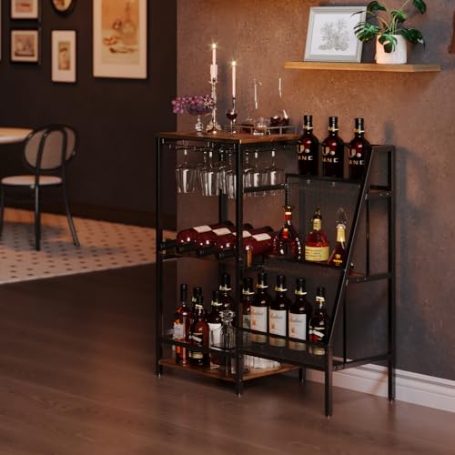 Versatile Liquor Stand for Home Bar, Wine Rack Freestanding Floor, Mini Bar Table for Liquor Whiskey Wine, 3-Tier Trapezoidal Liquor Bottle Display Shelf with Glass Holder and Fences(Patent Pending) - Image 5