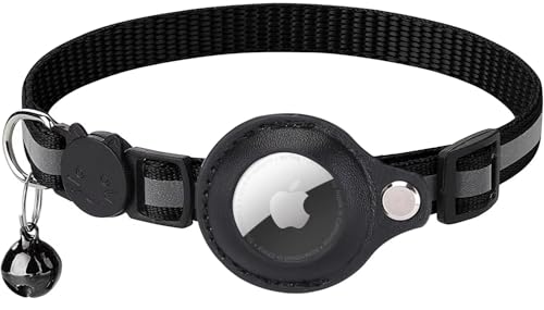 Image of Cat Collar Breakaway, Reflective Kitten Collar with Air Tag Holder and Bell for Girl Boy Cats (Black)