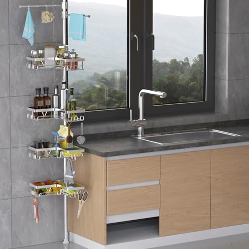 Image of KEGII Shower Caddy Tension Pole with 2 Towel Bars, Adjustable Corner Bathroom Organizer, Rustproof Bathtub Storage Shelves for Shampoo, 25-114.2 Inch Shower Rack for Renters & Family, Silver