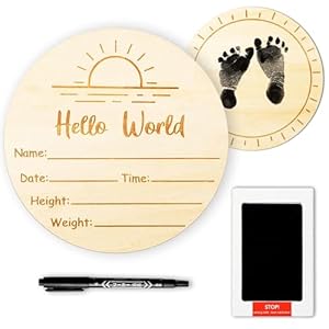 5.9″ Hello World Baby Sign,Baby Announcement Sign|Not Bleed on Wood Marker Pen| Ink Pad, 2 Sided Boho Sun Newborn Announcement Sign for Nursery Hospital Baby Shower Keepsake, Newborn Essentials
