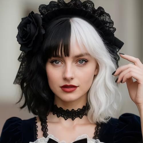 Earfodo Black and White Wig Short Wavy Wigs with Bangs for Women 14Inch Cruella Deville Synthetic Costume Wig for Halloween Cosplay Daily Party Use