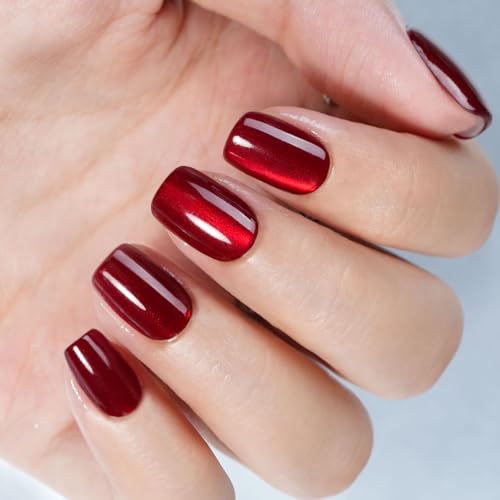 Red Press on Nails Short, Jofay Fashion Soft Gel Fake Nails, Cat Eye Press on Nails, Reusable & Natural Acrylic Nails, Stick on Nails for Women Girls Gift, Glue on Nails Kit 32 Pcs