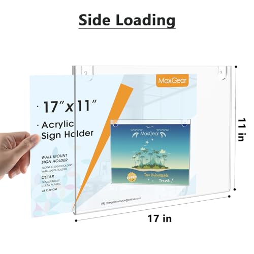 Image of MaxGear Acrylic Wall Mount Sign Holder, 11 x 17 Landscape, 12 Pack | Includes Adhesive Tapes and Screws, Clear Acrylic Display for Signs, Posters and Documents, Ideal for Office, Home, Store