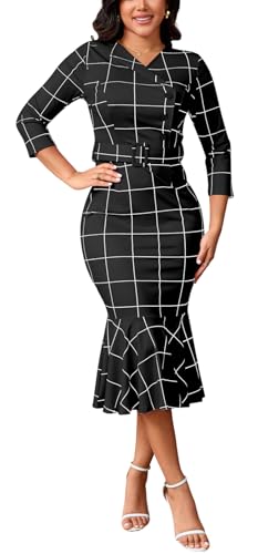 Black Church Dresses for Women Formal Funeral Wear to Work Vintage White Plaid Wrap Wedding Party Midi Pencil Dress with Belt at Amazon Women's Clothing store