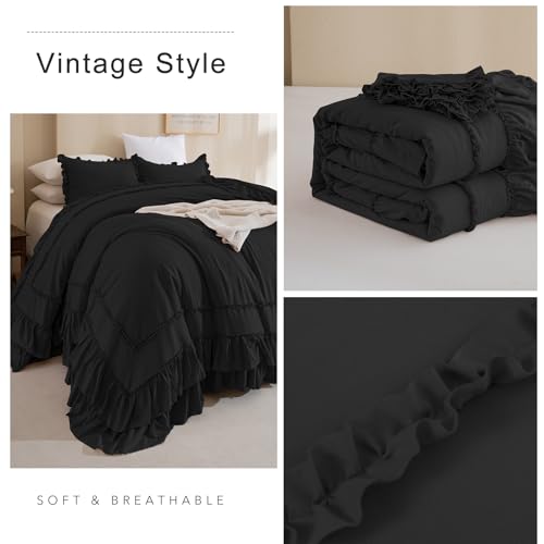 Image of QSH Oversized King Comforter 128x120,3PCs Black Farmhouse Lightweight Ruffled Bedding Comforter Set Shabby Boho Chic California King Bed Comforter Set French Country Soft Microfiber Fluffy Bed Set