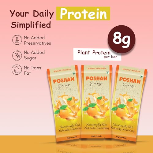 Image of POSHAN Women's Nutrition Orange Protein Bar, 40 g | 8g Protein with 4G Fiber |No Added Sugar, 100% Vegetarian & Gluten-Free| Made with Dates, Ragi and Superfoods|No Trans Fat |Pack of 3
