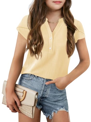 Image of Haloumoning Girls Petal Short Sleeve T Shirts V-Neck Tops | Summer, Casual Tops, Solid Color, Button Up Dress Shirt, 5-14 Years