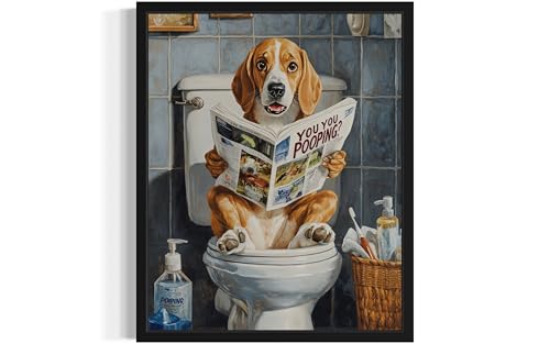 Image of Beagle on Toilet Black Framed Wall Art Print Poster, Dog Bathroom Humor Decor Posters Prints for Restroom Home Picture Painting Artwork Gallery 7 (Beagle, 10 inchL x 8 inchW, Black Frame)