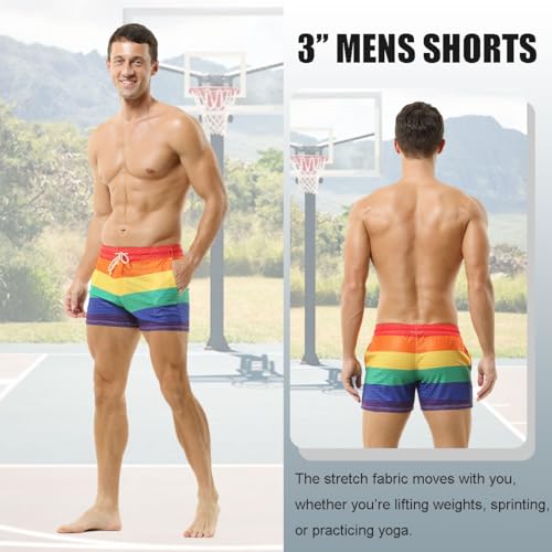 DTODWW Mens Workout Shorts Rainbow Stripe Mesh Shorts 3 Inch Men Running Shorts Breathable with Pockets for Athletic Gym2