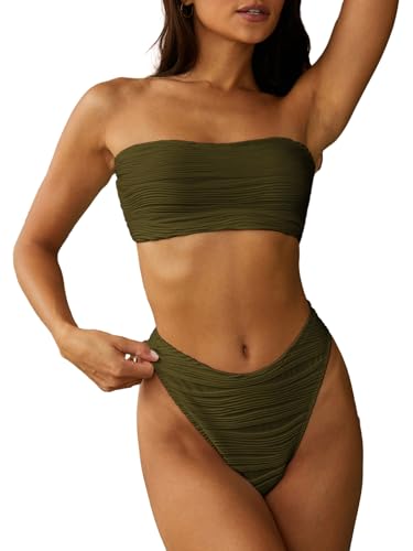 Image of ZAFUL Women Strapless Textured Bandeau Bikini 2 Piece Swimwear Cheeky Solid Lace up Bathing Suits