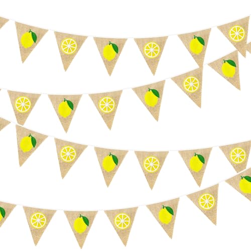 Image of 24Ft Lemon Burlap Banner Lemon Burlap Pennant Triangle Flag Garland Streamers Vintage Fireplace Wall Decor for Summer Lemonade Party Happy Lemon Day Rustic Birthday Baby Bridal Shower Decorations