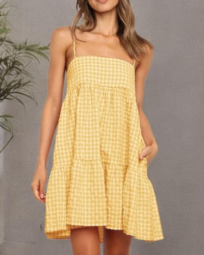 Image of Womens Summer Plaid A-line Sleeveless Casual Flowy Mini Sundress