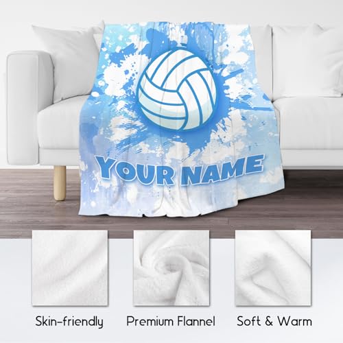 Custom Volleyball Blanket, Cozy Soft Throw Blankets for Kids, Cool Blue Flannel Throw Gifts for Bed Travel, 50x60 Inches