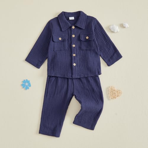 Image of VISGOGO Toddler Boy Linen Outfit Baby Boy Fall Winter Clothes Set Button-Down Shirt Tops Cotton Linen Pants 2PCS