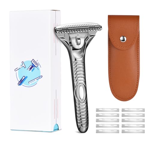 MYITKHT Single Blade Razors for Men and Women, Reusable Modular Safety Razor with Magnetic Head and Metal Non-Slip Grip, 10 Single Edge Razor Blades & Leather Case,Silver Whiskers