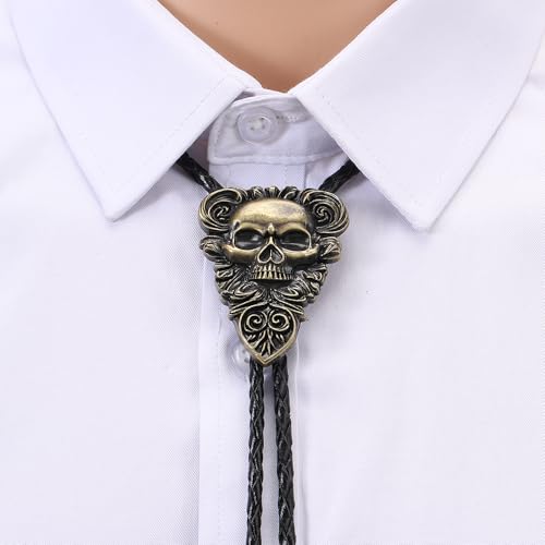 Image of Joxevyia Bolo Tie for Men Vintage Cow Skull Leather Rope Western Cowboy Necktie Vintage Bola Tie Gift for Him