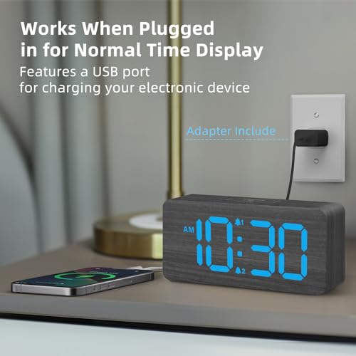 Image of uscce Wooden Digital Alarm Clocks for Bedrooms with 0-100% Dimmable Display | Desk Clock with Large Numbers for Living Room - Loud Dual Alarm for Heavy Sleepers with Volume Control - Wood Decor & Gifts