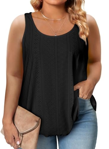 Eytino Womens Plus Size Tank Tops Summer Eyelet Embroidery Sleeveless T-Shirts Tops Scoop Neck Causal Loose Flowy Cami(1X-5X)