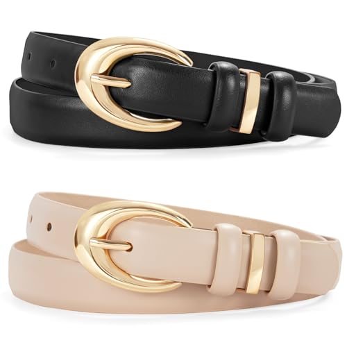 LEACOOLKEY 2 Pack Women Leather Belts for Jeans Dress Fashion Belt with Gold Silver Buckle Total Length 39