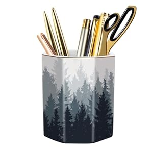 WAVEYU Pencil Pen Holder for Desk, Cute Makeup Brush Holder, Desktop Supplies and Accessories for Women Students, Art Supply Caddy, Forest Pattern