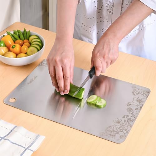 Image of Nestasia Stainless Steel Chopping Board for Kitchen (35cm x 25cm) - Floral Engraved Steel Cutting Board for Chopping Fruits & Vegetables | 100% Food Safe, Rust Resistant & Dishwasher Safe