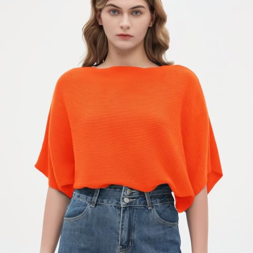 Image of EDSTAR Women's Boat Neck Short Sleeve Dolman Knit Sweater, Pumpkin | Boat neck, short batwing dolman sleeves, soft knit fabric, casual summer autumn pullover, versatile daily wear, solid color