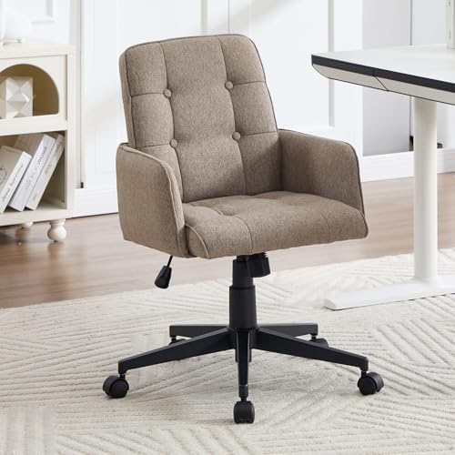 DAYALANE - Silla de oficina cómoda, silla de ordenador de lino ajustable en altura, sillón giratorio ergonómico para trabajo y ocio, color marrón