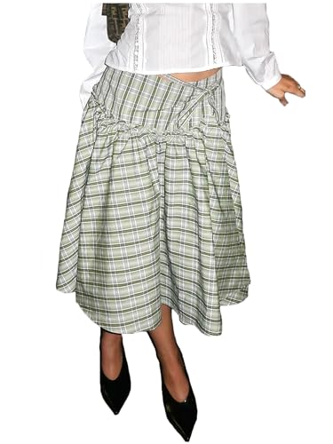 Women Y2k Plaid Midi Skirt High Waist Tie Up Ruffle Pleated A Line Vintage Preppy Gingham Flowy Skirt Streetwear