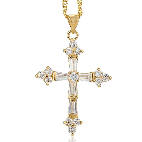 Image of RIZILIA Crucifix Cross Pendant with 45cm(18") Chain & Trapezoid Cut Gemstones CZ [White Topaz] in 18K Yellow Gold Plated, Simple Modern Elegance