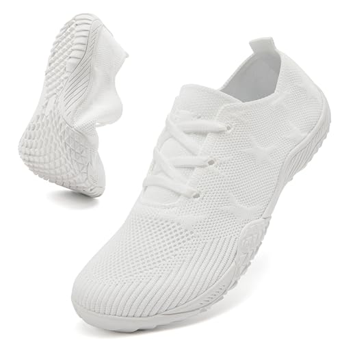 MGNLRTI Barfuss Schuhe Damen Sneaker Weiss Sommerschuhe Hallenschuhe Sportschuhe Turnschuhe Fitnessschuhe Bequeme Hausschuhe Laufschuhe Stoffschuhe Barfußschuhe Damen Weiß Größe 40 EU