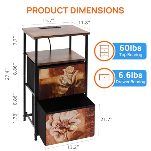 Image of ALBAD Nightstand with Charging Station and LED Lights, Brown Flower Drawers