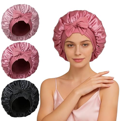 Silk Bonnet for Sleeping, Adjustable Satin Bonnets with Tie Band, Women Sleep Cap for Curly Hair...