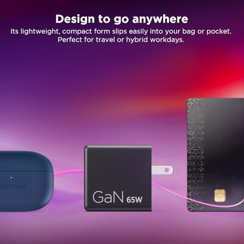 Image of Lenovo Dual USB-C 65W GaN Charger, 2 USB-C Ports, for Laptops /Tablets & Phones & More, Compact Size, Foldable Plug, Includes 1.5m USB C Cable, Model /Type: CC65, Black