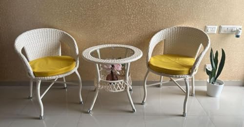 Image of India Outdoor 2+1 All Weather Wicker Patio Chair and Table Bistro Set with Powder Coated Iron Frame for Balcony Deck Garden Lawn Patio Poolside Terrace.