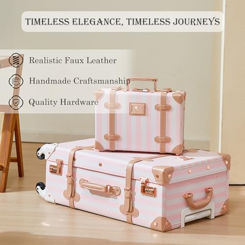 Image of UNIWALKER Vintage Luggage Set of 3, Retro Spinner Trunk with Combo Lock for Women, Cute Designer Travel Suitcase Set with Train Case, 26 inch+20 inch+12 inch, Pink Strip