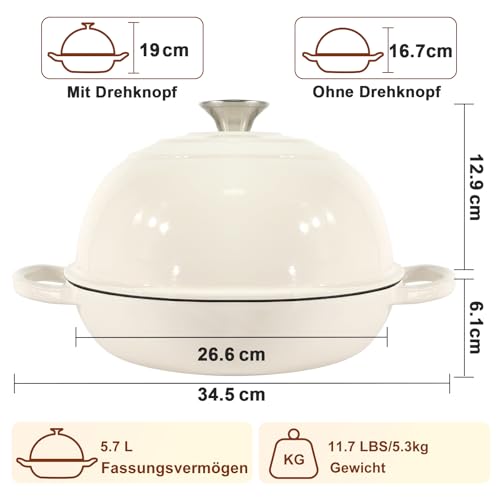 Gusseisen Topf Brot Backen,5,7L Bräter Emaille Schmortopf mit Deckel und Griffen,26 cm Dutch Oven,Brotbacktopf mit Gärkorb,Schmortopf Gusseisen Topf für Küche Backen Schmoren & Braten (Weiß) 4