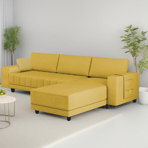 Image of BRAXTON Louis RHS 4 Seater L Shape Sofa Set for Living Room (Yellow Fabric) Premium Fabric Sofa
