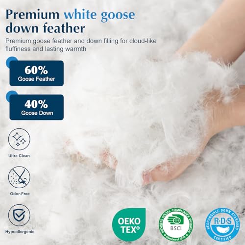 Luxury Goose Feather Down Pillows Queen Size Set of 2, 3-Chamber 5 Star Hotel Pillow for Deep Sleep, Soft Bed Pillows for Neck Pain Relief, Perfect for Side, Back Sleepers - 20"x30"