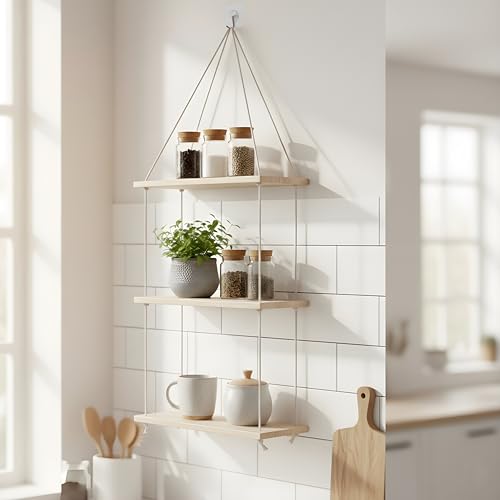Image of 3 Tier Hanging Shelf | Wall Decor with Adhesive Wall Hooks | Rustic Wood Floating Shelves for Bedroom, Living Room, Kitchen - Boho Swing Plant Holder