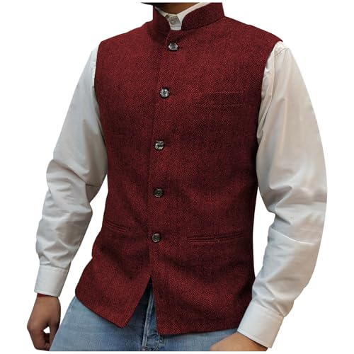Mens Vintage Suit Vest Sleeveless Stand Collar Business Solid Vests Button Up Slim Fit Herringbone Jacket Waistcoat