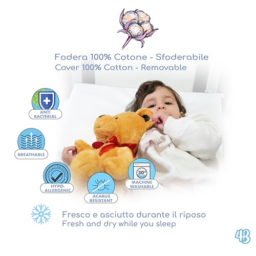 4BABIES - Cuscino Lettino Bambino Antisoffoco ideale per Culla e Lettino, Sfoderabile con Federa 100% Cotone - MADE IN ITALY -Certificato OEKO-TEX®